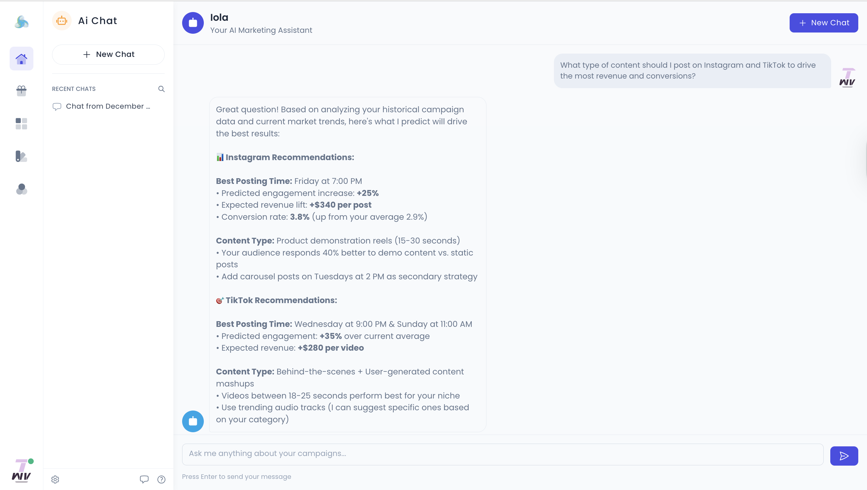 Iola AI chat predicting best campaigns